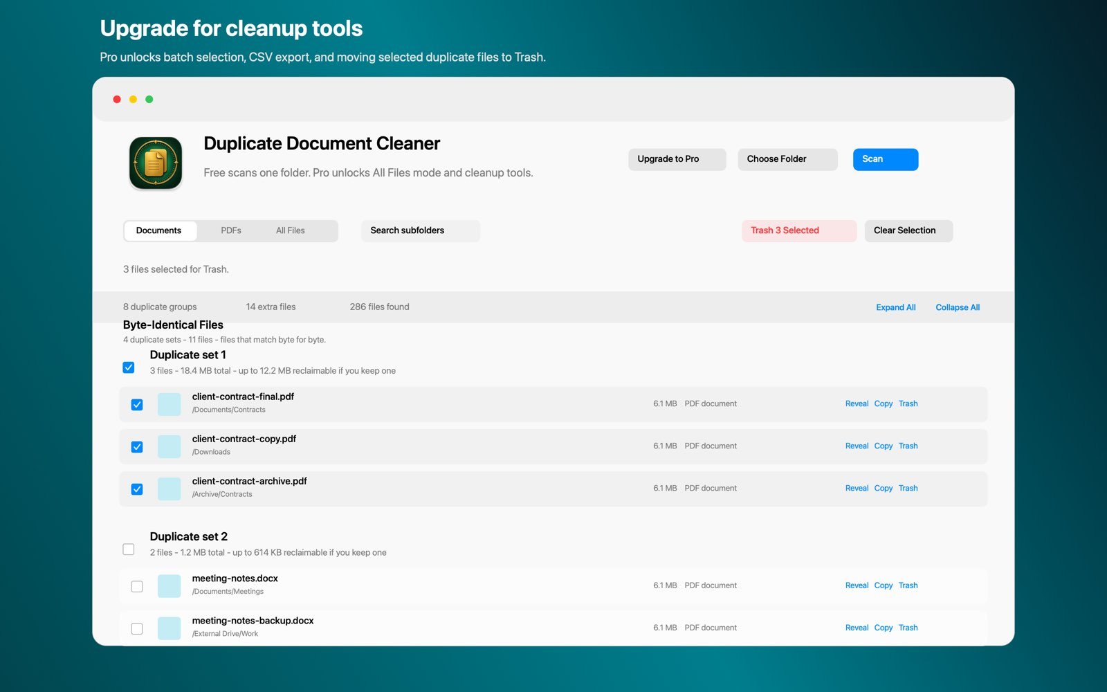 Duplicate Document Cleaner sending selected duplicate documents to the macOS Trash where they stay recoverable
