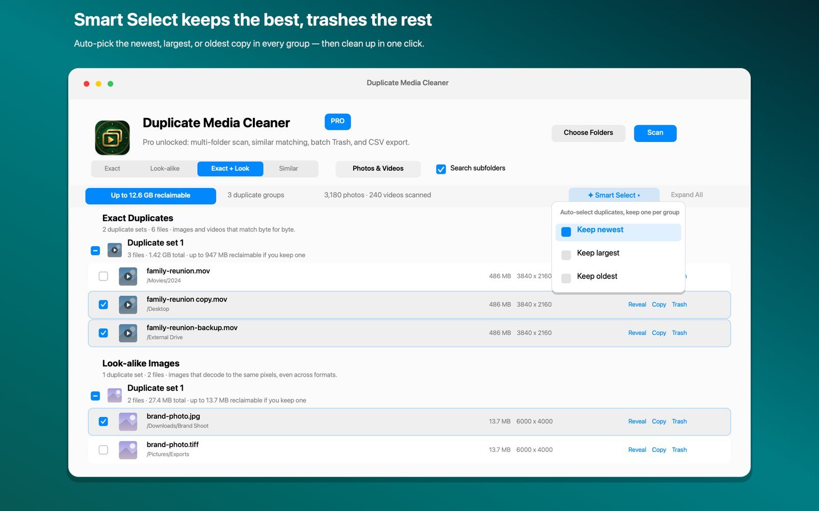 Duplicate Media Cleaner using Smart Select to pick which copies to keep and delete duplicate photos on Mac
