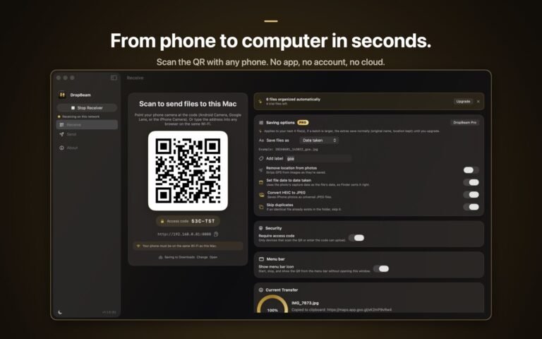 Android File Transfer alternative DropBeam on a Mac showing a QR code