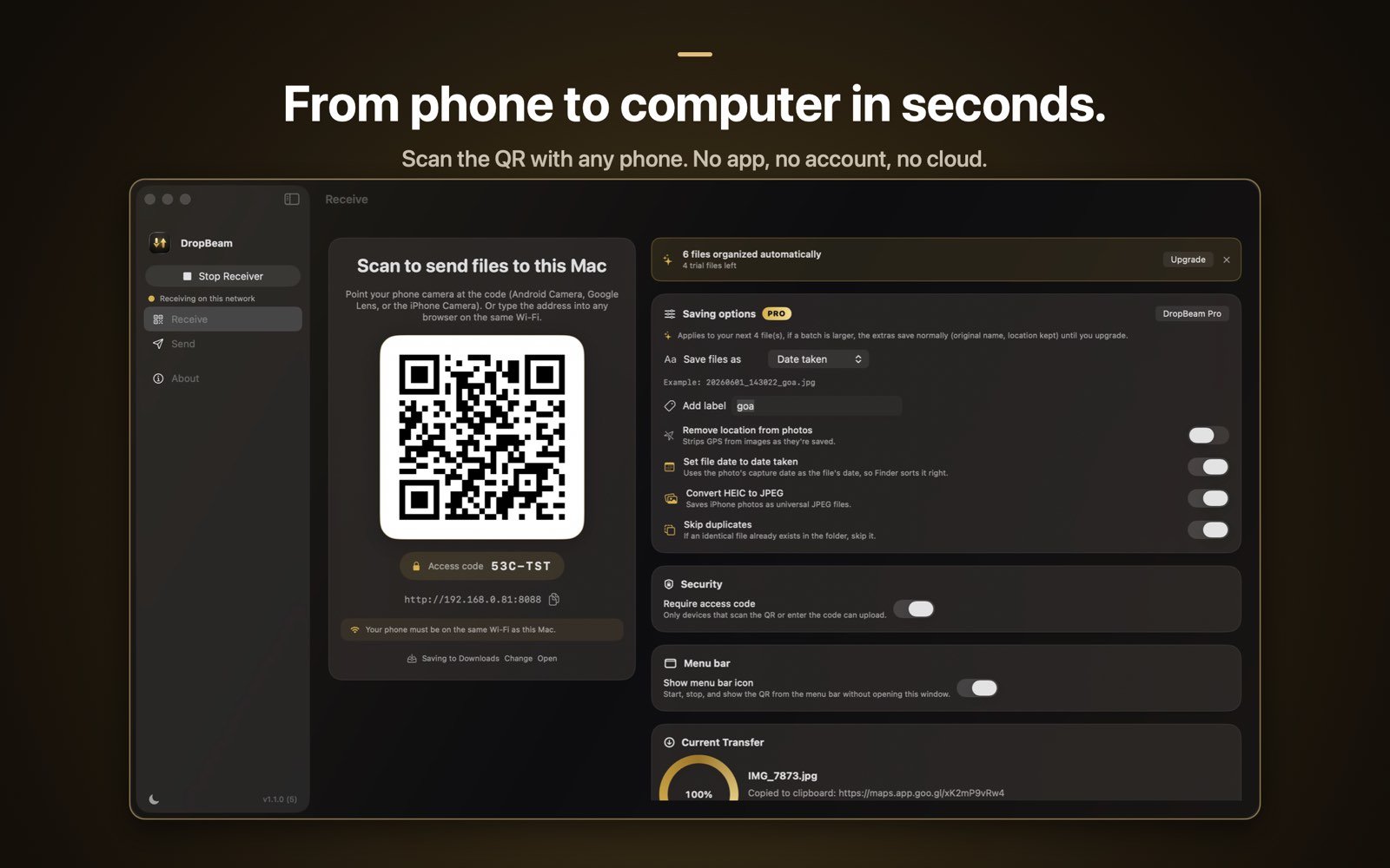 DropBeam on a Mac showing a QR code, the closest thing to AirDrop from Android to Mac