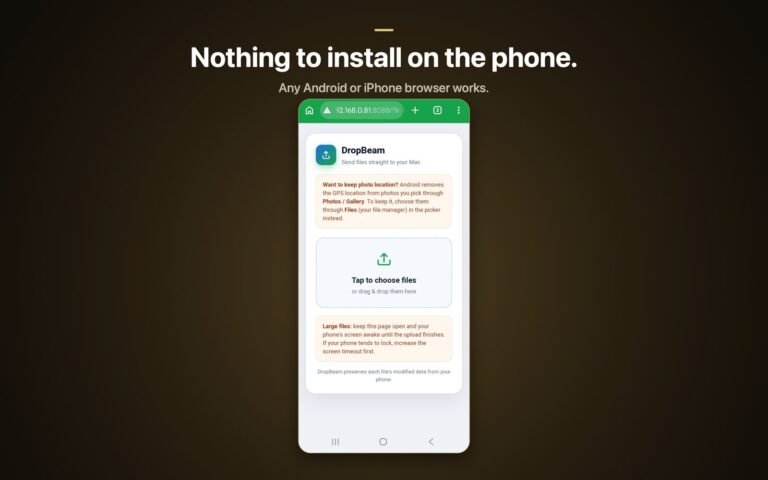 Transfer photos from Android to Mac over Wi-Fi using the phone browser and DropBeam