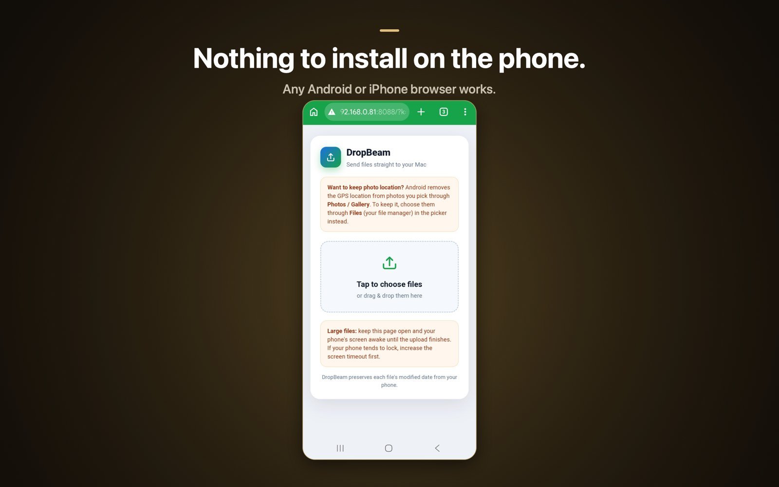 Android phone uploading photos to a Mac through its browser after scanning a QR code