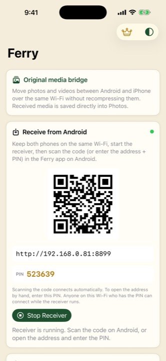 Ferry showing the QR code that the Android phone scans to connect over local Wi-Fi