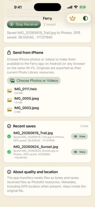 Photos received by Ferry landing directly in the iPhone Photos library at full quality