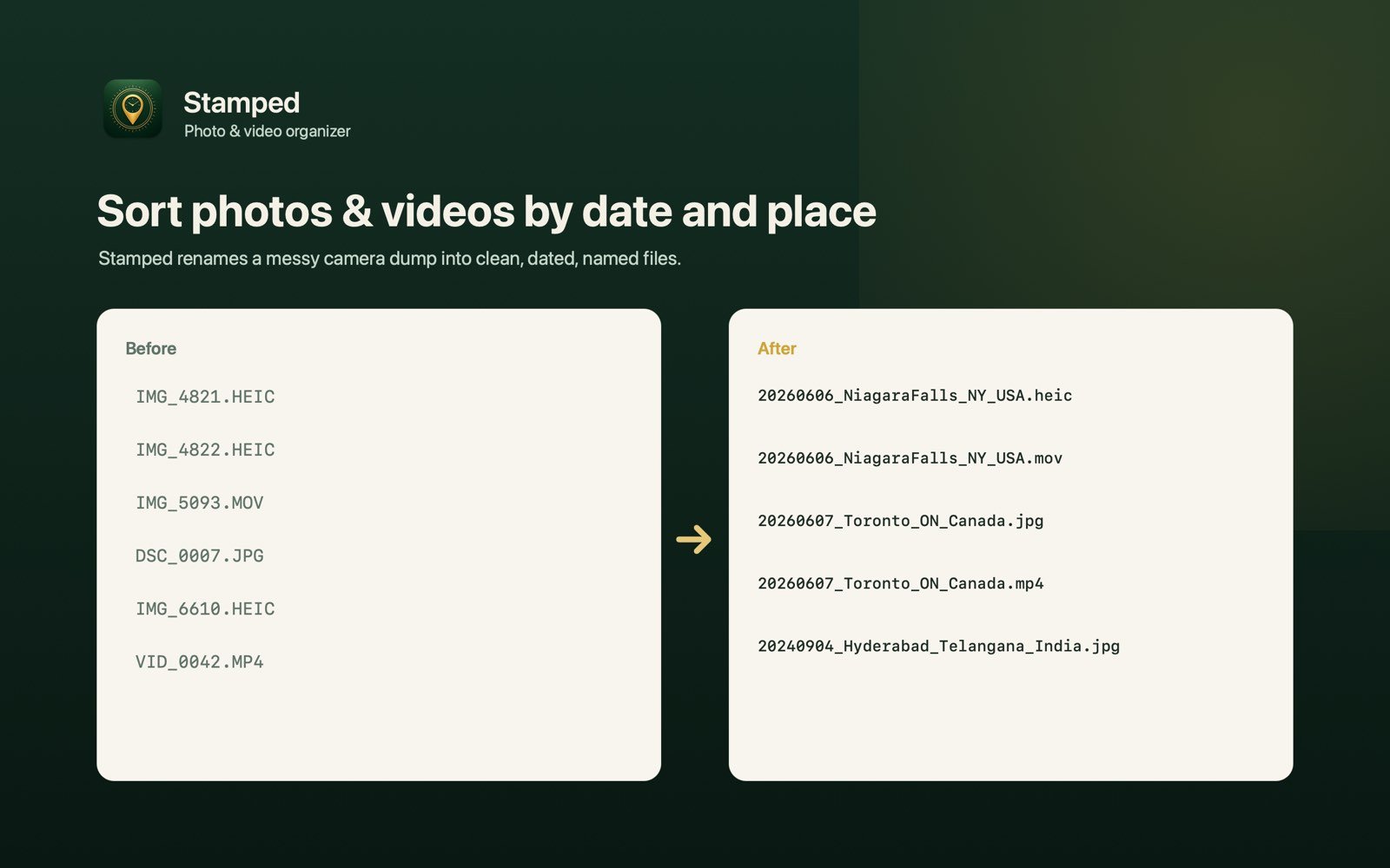 Stamped on a Mac using EXIF data to rename photos by date taken, shown in a live preview
