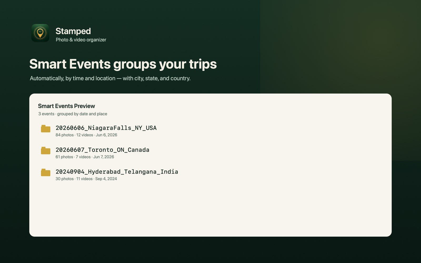 Smart Events in Stamped grouping renamed photos into dated trip folders on a Mac